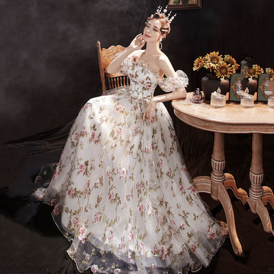 White flora tulle long prom dress evening dress - Thumbnail 3