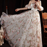 White flora tulle long prom dress evening dress - Thumbnail 4