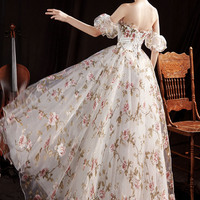 White flora tulle long prom dress evening dress - Thumbnail 5