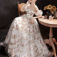 White flora tulle long prom dress evening dress - Thumbnail 6