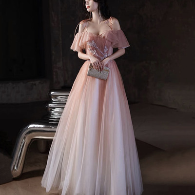 Pink tulle sequins long prom dress pink evening dress - Thumbnail 3