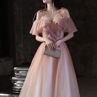 Pink tulle sequins long prom dress pink evening dress - Thumbnail 1