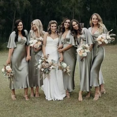 Ankle length bridesmaid dresses with short sleeves