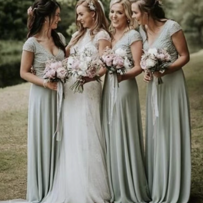 V neck bridesmaid dresses cap sleeves