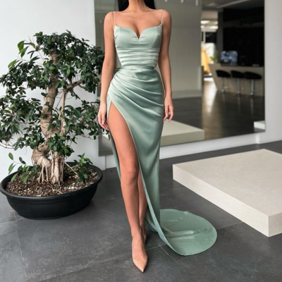 Stunning mermaid sweetheart sage green satin long prom dress with slit,1325