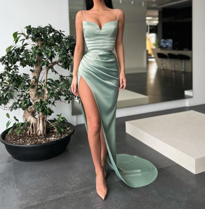Stunning Mermaid Sweetheart Sage Green Satin Long Prom Dress with Slit,1325