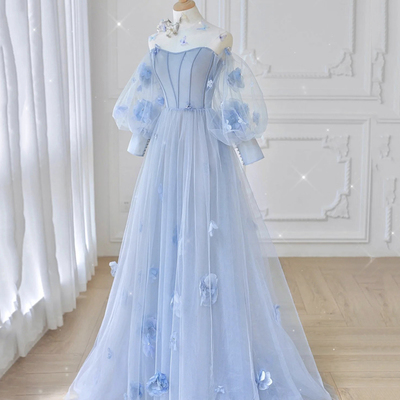Blue tulle applique long prom dress blue evening gown,1328