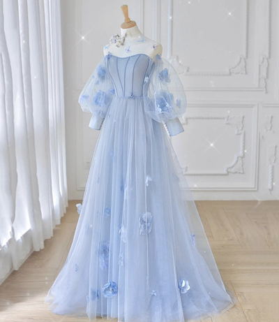 Blue tulle applique long prom dress blue evening gown,1328
