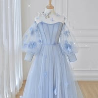 Blue tulle applique long prom dress blue evening gown,1328 - Thumbnail 1