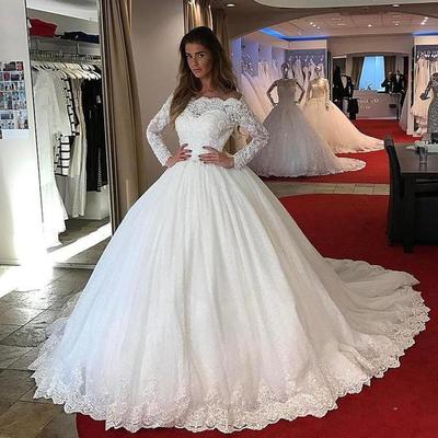 Lace Long Sleeves Tulle Ball Gowns Wedding Dresses，1329