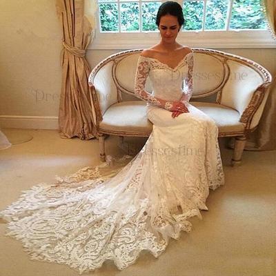 Glamorous sexy lace mermaid wedding dress  off-the-shoulder tulle long sleeves appliques，1330 - Thumbnail 1