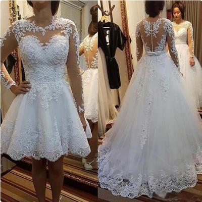 2022 ball gown wedding dresses with detachable train, lace applique beading long sleeves bridal gowns, 2 in 1 vestido de novias, custom made,771