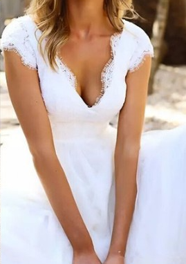 Vintage 1950s Cap Sleeves V neck Lace Wedding Dress, White Tea length Wedding Gowns,773