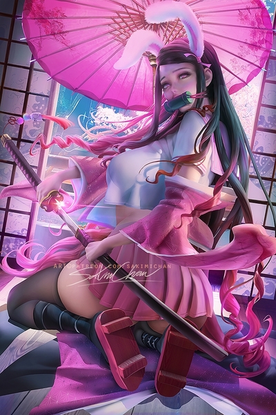 Bunny warrior Nezuko pink skirt Poster #316