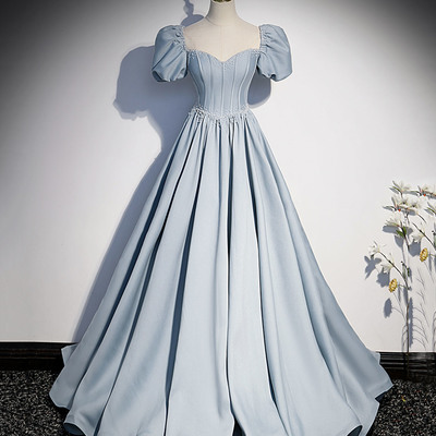 Blue satin pearl long prom dress blue evening dress - Thumbnail 2