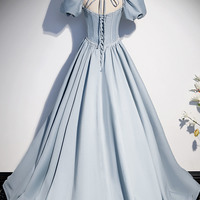 Blue satin pearl long prom dress blue evening dress - Thumbnail 2