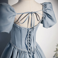 Blue satin pearl long prom dress blue evening dress - Thumbnail 3