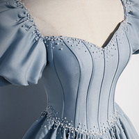 Blue satin pearl long prom dress blue evening dress - Thumbnail 4