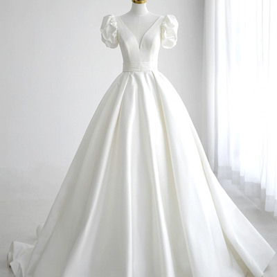 White satin long prom dress white evening dress - Thumbnail 2