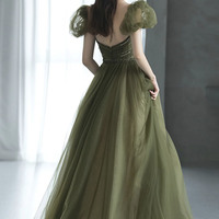 Green tulle long prom dress green evening dress - Thumbnail 4