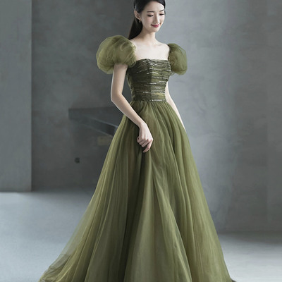 Green tulle long prom dress green evening dress - Thumbnail 3