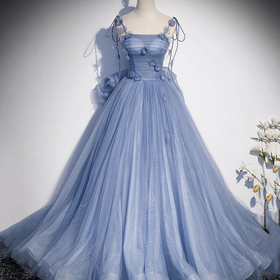 Blue tulle long a line prom dress blue evening dress - Thumbnail 2