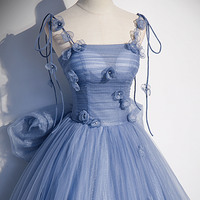 Blue tulle long A line prom dress blue evening dress - Thumbnail 1