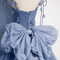 Blue tulle long A line prom dress blue evening dress - Thumbnail 2
