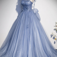 Blue tulle long A line prom dress blue evening dress - Thumbnail 3