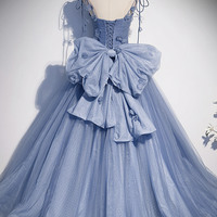 Blue tulle long A line prom dress blue evening dress - Thumbnail 4