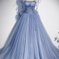 Blue tulle long A line prom dress blue evening dress - Thumbnail 5