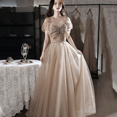 Cute tulle sequins long prom dress a line evening dress - Thumbnail 3