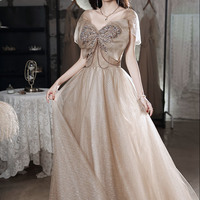 Cute tulle sequins long prom dress A line evening dress - Thumbnail 4