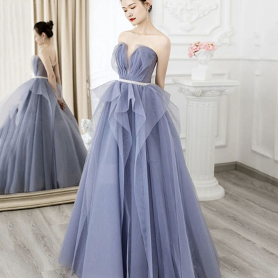 Purple tulle long prom dress a line evening gown - Thumbnail 3