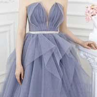 Purple tulle long prom dress A line evening gown - Thumbnail 1
