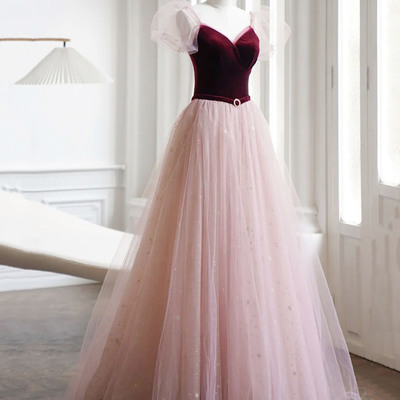 Cute velvet tulle long prom dress pink evening dress