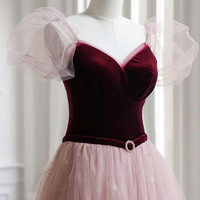 Cute velvet tulle long prom dress pink evening dress - Thumbnail 1