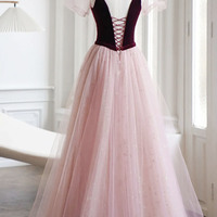 Cute velvet tulle long prom dress pink evening dress - Thumbnail 2