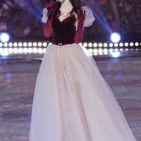 Cute velvet tulle long prom dress pink evening dress - Thumbnail 4