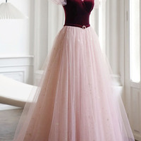 Cute velvet tulle long prom dress pink evening dress - Thumbnail 5