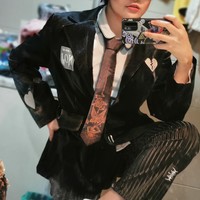 Heart Love Embroidery PU Spring Autumn Fall Winter Fashion Vintage Classic Black Jacket Suit - Thumbnail 1