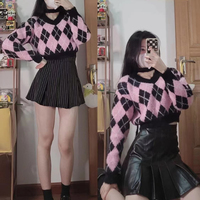 Cute Girl American College Style Hot Girl Diamond Shaped Contrast Black Pink V Neck Short Small Knit Sweater - Thumbnail 9