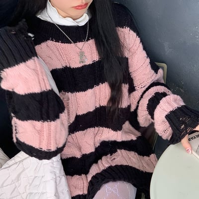Japanese girl cute autumn winter spring student ripped knit pink black striped sweater