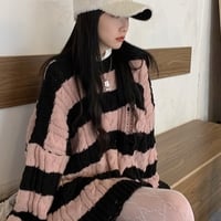 Japanese Girl Cute Autumn Winter Spring Student Ripped Knit Pink Black Striped Sweater - Thumbnail 2