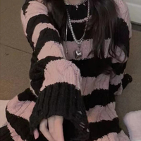 Japanese Girl Cute Autumn Winter Spring Student Ripped Knit Pink Black Striped Sweater - Thumbnail 6