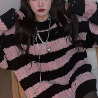 Japanese Girl Cute Autumn Winter Spring Student Ripped Knit Pink Black Striped Sweater - Thumbnail 4