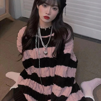 Japanese Girl Cute Autumn Winter Spring Student Ripped Knit Pink Black Striped Sweater - Thumbnail 3