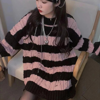 Japanese Girl Cute Autumn Winter Spring Student Ripped Knit Pink Black Striped Sweater - Thumbnail 5