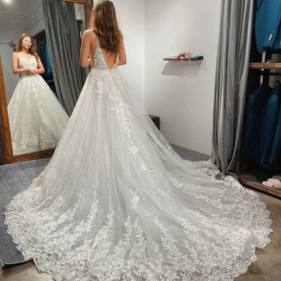 Romantic a-line v neck white lace wedding dresses with tarin - Thumbnail 1