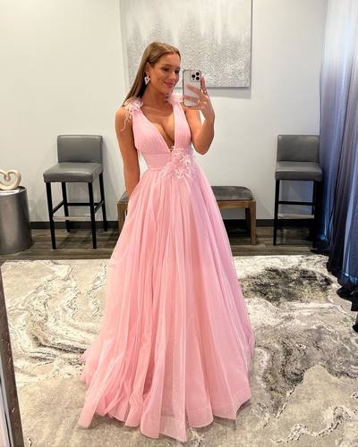 Charming A-Line V Neck Pink Tulle Long Prom Evening Dresses